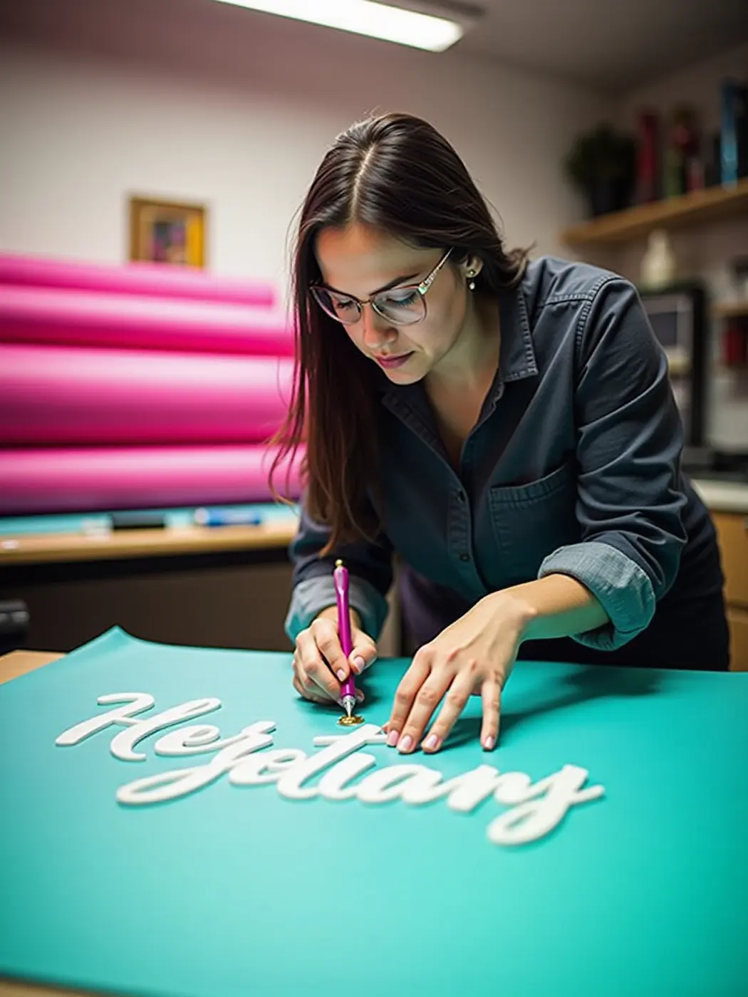 Sign craftsperson working carefully on a custom sign